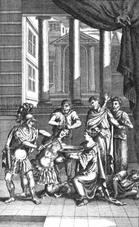 Illustration of the death of Chiron and Demetrius from Act 5, Scene 2; from The Works of Mr. William Shakespeare, edited by Nicholas Rowe (1709)