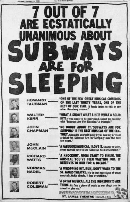 "7 out of 7 are ecstatically unanimous about Subways are for Sleeping." Howard Taubman: "One of the few great musical comedies of the last thirty years, one of the best of our time. It lends lustre to this or any other Broadway season." Walter Kerr: "What a show! What a hit! What a solid hit! If you want to be overjoyed, spend an evening with 'Subways are for Sleeping.' A triumph." John chapman "No doubt about it. 'Subways are for Sleeping' is the best musical of the century. Consider yourself lucky if you can buy or steal a ticket for 'Subways are for Sleeping' over the next few years." John McClain: "A fabulous musical. I love it. Sooner or later, everyone will have to see 'Subways are for Sleeping'." Richard Watts: "A knockout, from start to finish. The musical you've been waiting for. It deserves to run for a decade." Norman Nadel: "A whopping hit. Run, don't walk to the St. James Theatre. It's in that rare class of great musicals. Quite simply, it has everything." Robert Coleman: "A great musical All the ingredients are there. As fine a piece of work as our stage can be asked to give us."