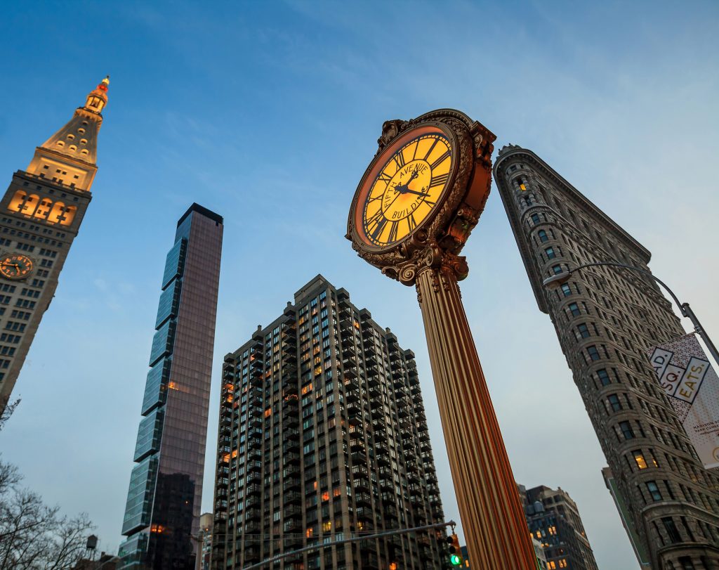 Historic clock in the Flatiron District that dates back to 1909.